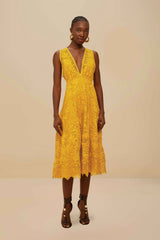 Landscape Guipure Mustard Yellow Midi Dress