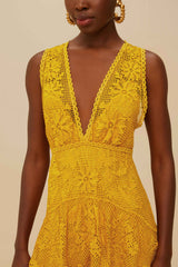 Landscape Guipure Mustard Yellow Midi Dress