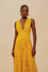 Landscape Guipure Mustard Yellow Midi Dress