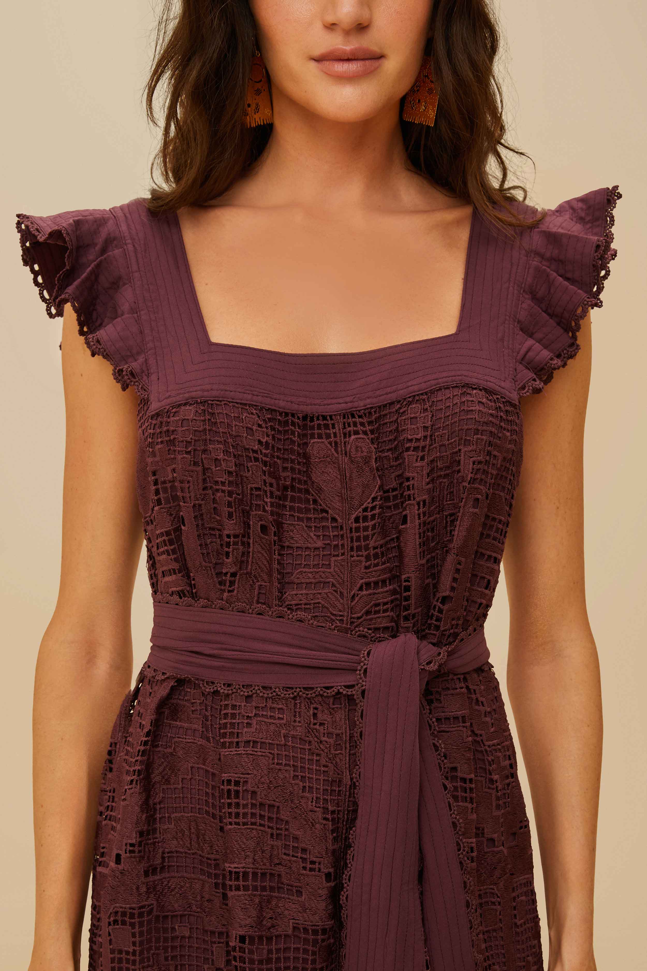 Brown Pineapple Guipure Midi Dress