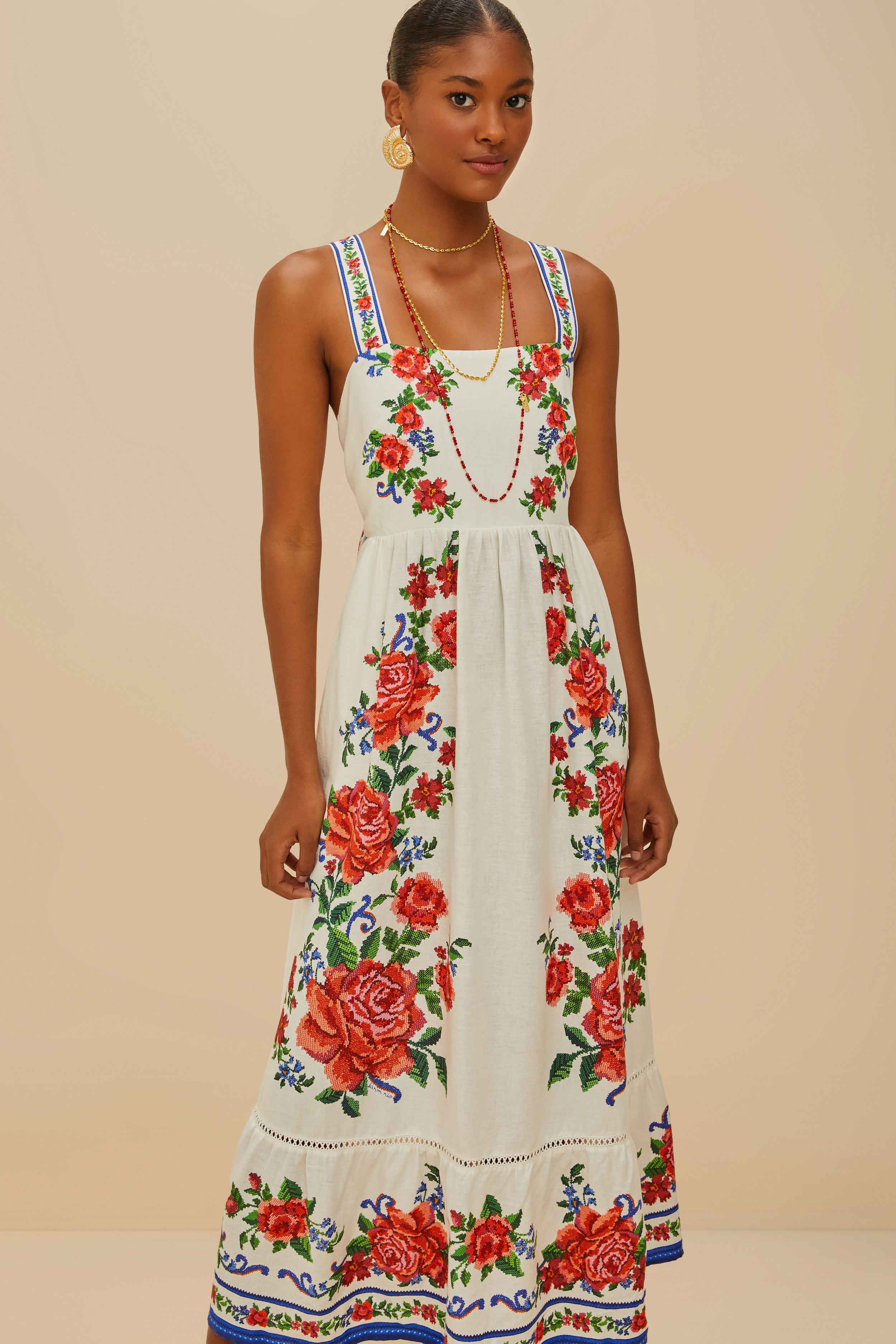 Off-White Flower Tapestry LENZING™ ECOVERO™ Euroflax™ Maxi Dress