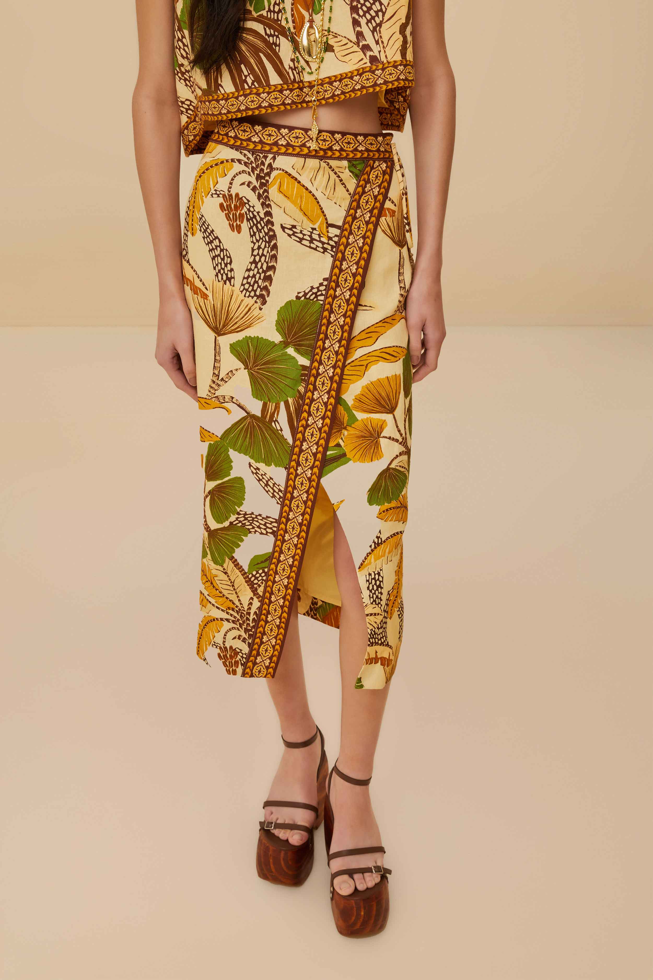 Sand Foliage Sketch LENZING™ ECOVERO™ Euroflax™ Midi Skirt