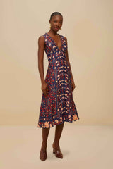Boho Floral Scarf Navy Blue Midi Dress