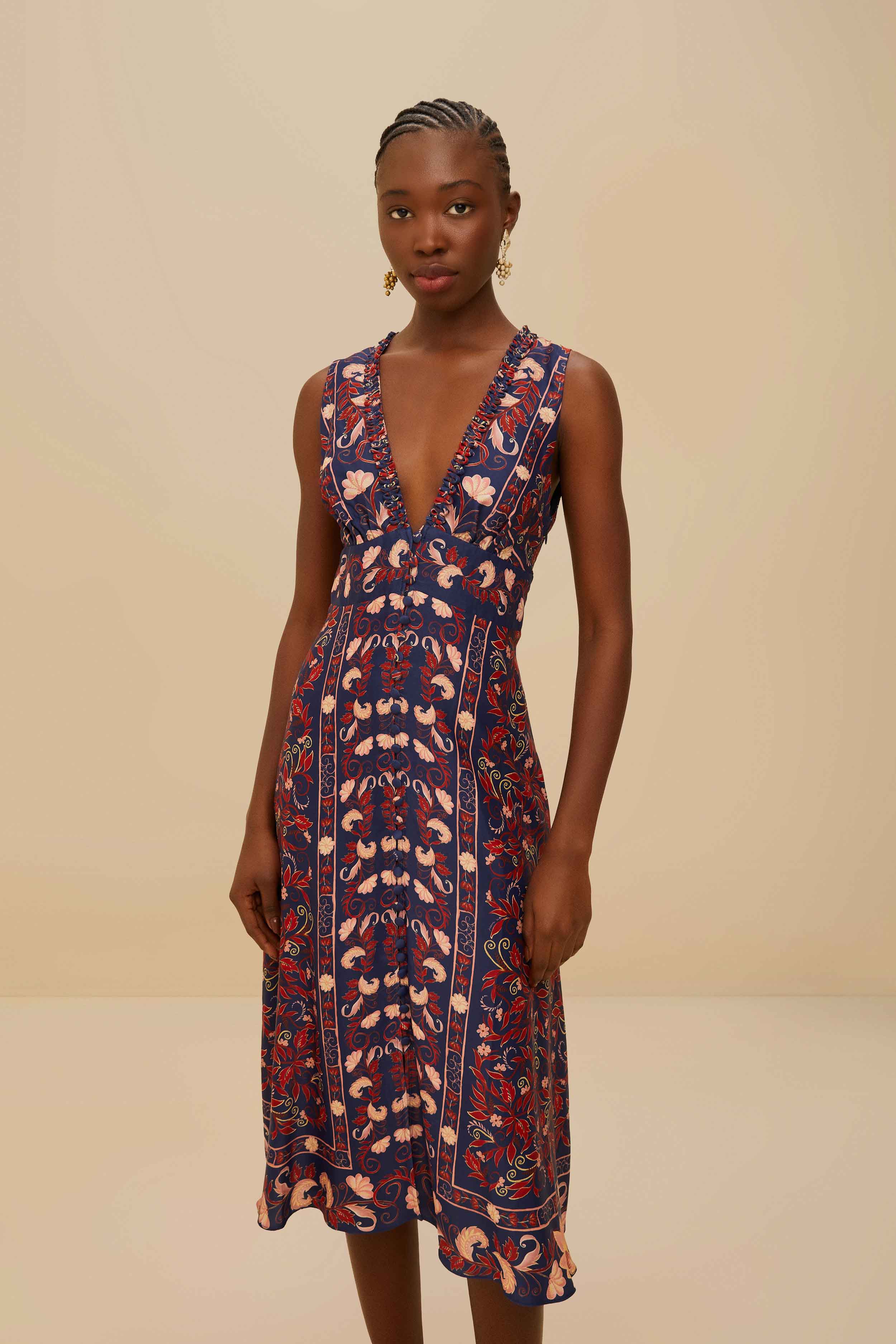 Boho Floral Scarf Navy Blue Midi Dress