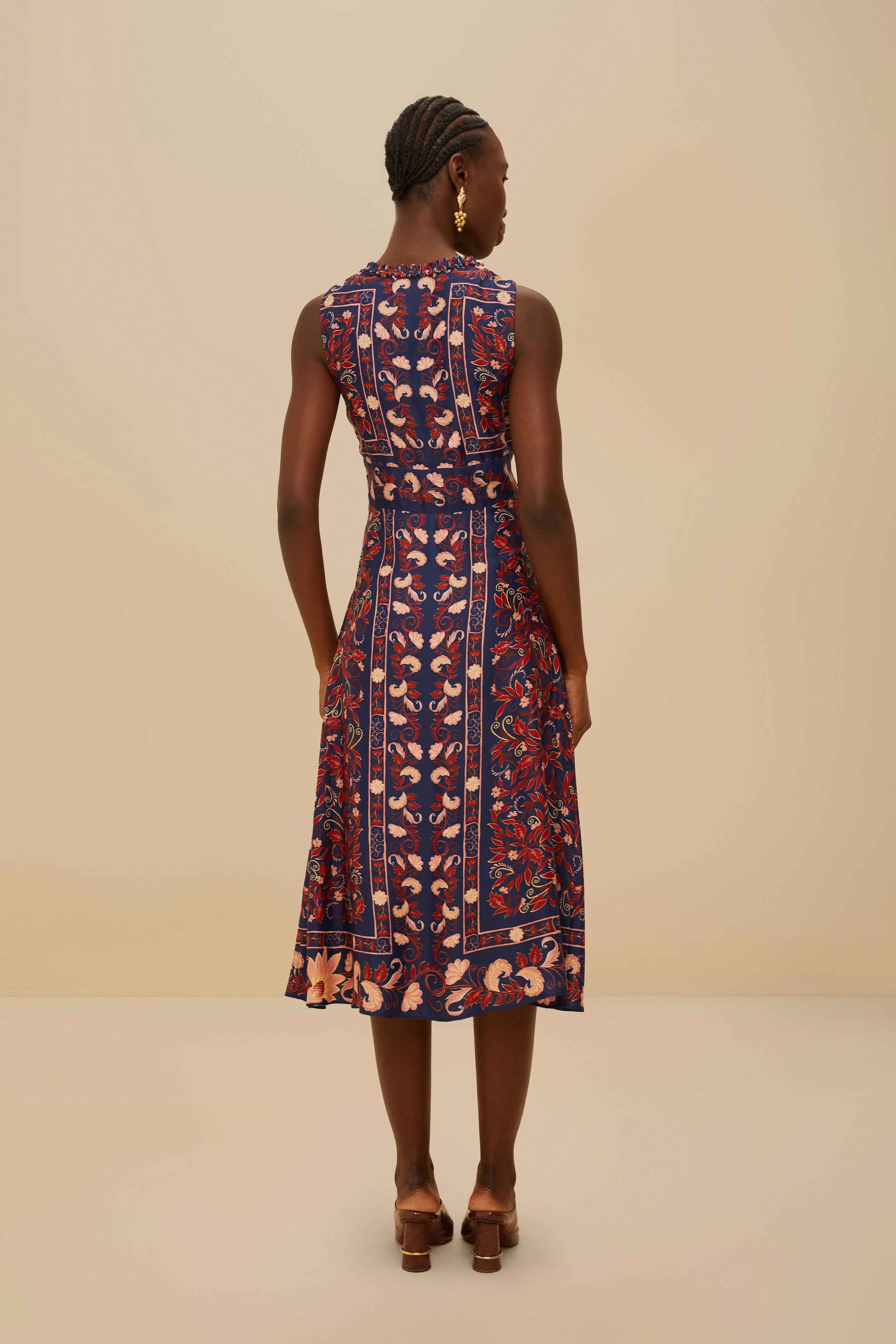 Boho Floral Scarf Navy Blue Midi Dress