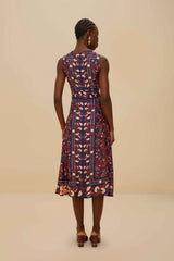 Boho Floral Scarf Navy Blue Midi Dress