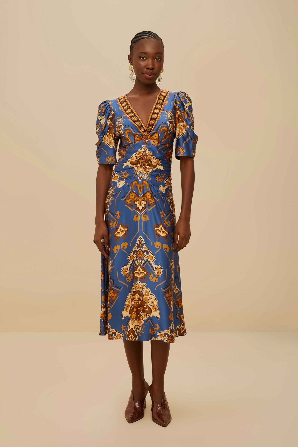 Blue Ornament Floral Midi Dress