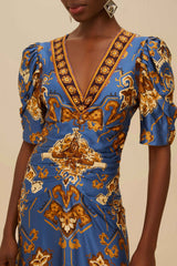 Blue Ornament Floral Midi Dress