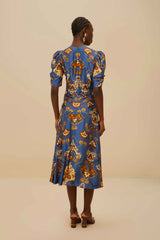 Blue Ornament Floral Midi Dress