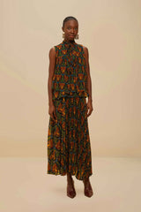 Black Boho Panther Pleated Maxi Skirt