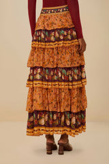 Colorful Birds Camel Ruffles Midi Skirt