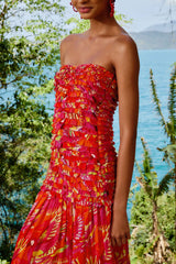 Orange Flying Birds Strapless Midi Dress