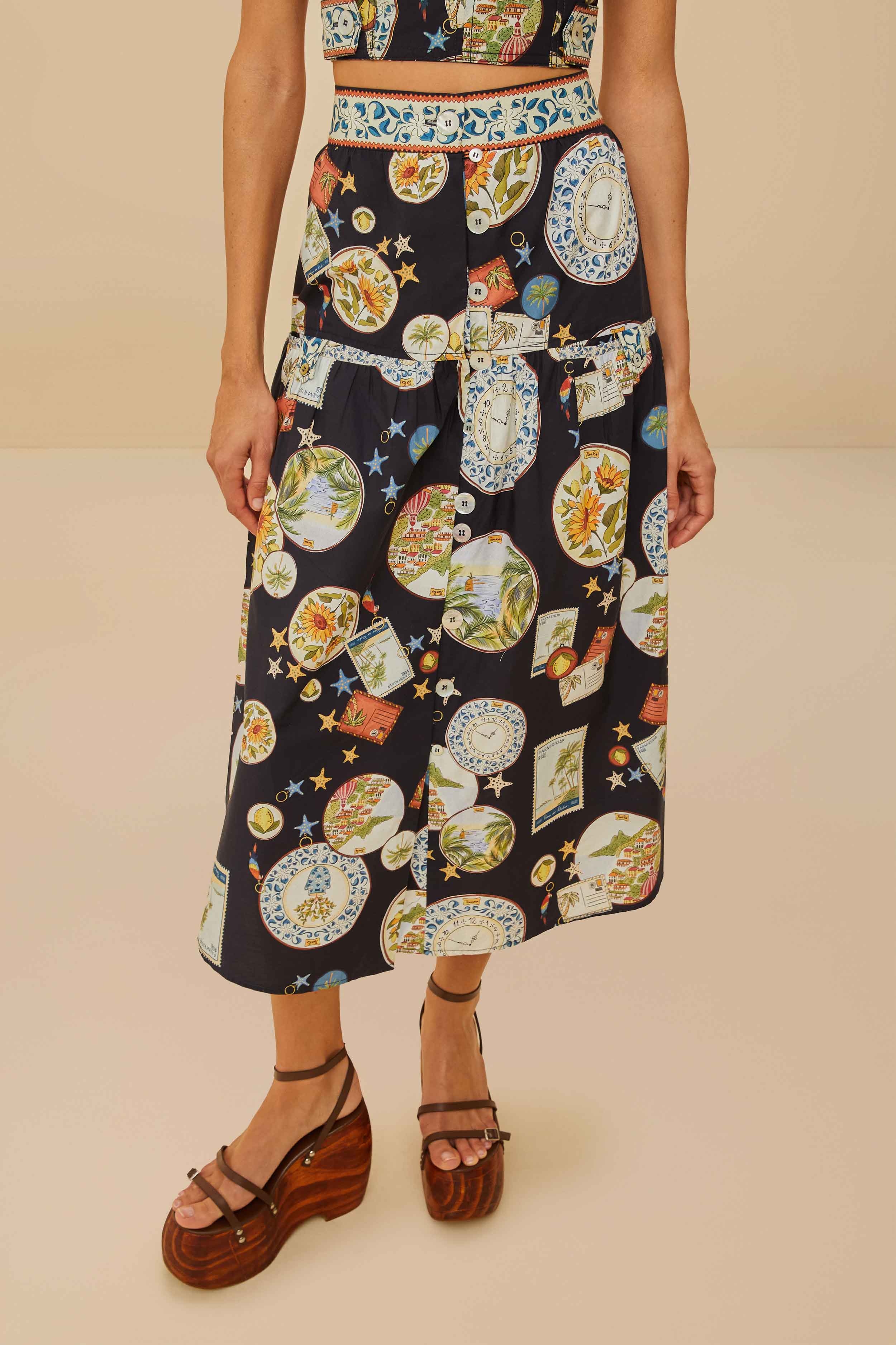 Black Trip Souvenir Organic Cotton Midi Skirt