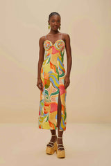 Multicolor Ocean View Twisted Cups Euroflax™ Premium Linen Midi Dress