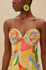 Multicolor Ocean View Twisted Cups Euroflax™ Premium Linen Midi Dress