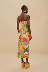 Multicolor Ocean View Twisted Cups Euroflax™ Premium Linen Midi Dress