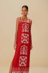 Red Tropical Cross Stitch Embroidered Euroflax™ Premium Linen Midi Dress