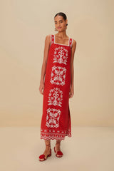 Red Tropical Cross Stitch Embroidered Euroflax™ Premium Linen Midi Dress