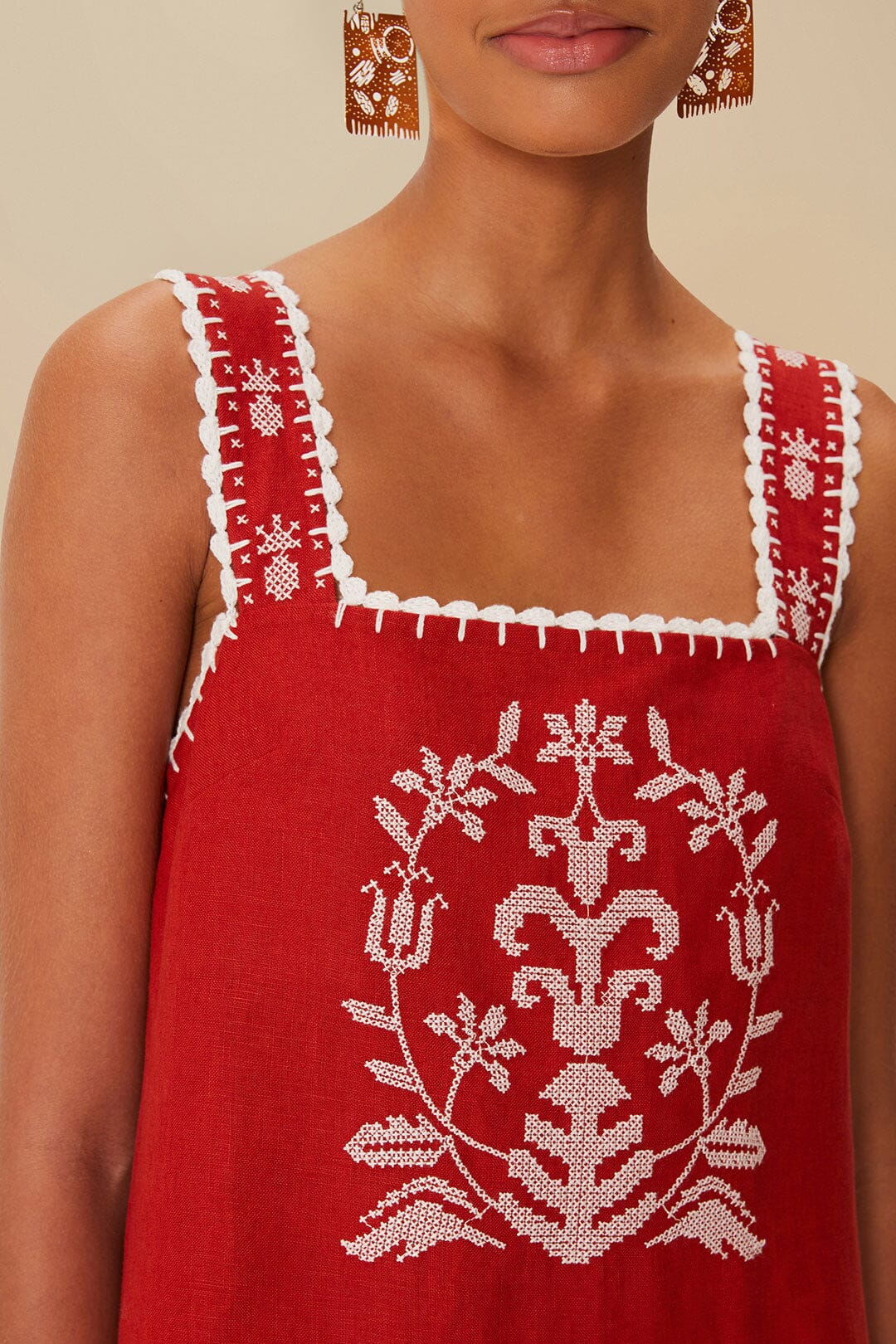 Red Tropical Cross Stitch Embroidered Euroflax™ Premium Linen Midi Dress