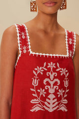 Red Tropical Cross Stitch Embroidered Euroflax™ Premium Linen Midi Dress