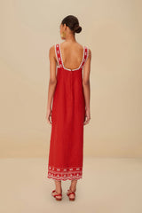Red Tropical Cross Stitch Embroidered Euroflax™ Premium Linen Midi Dress