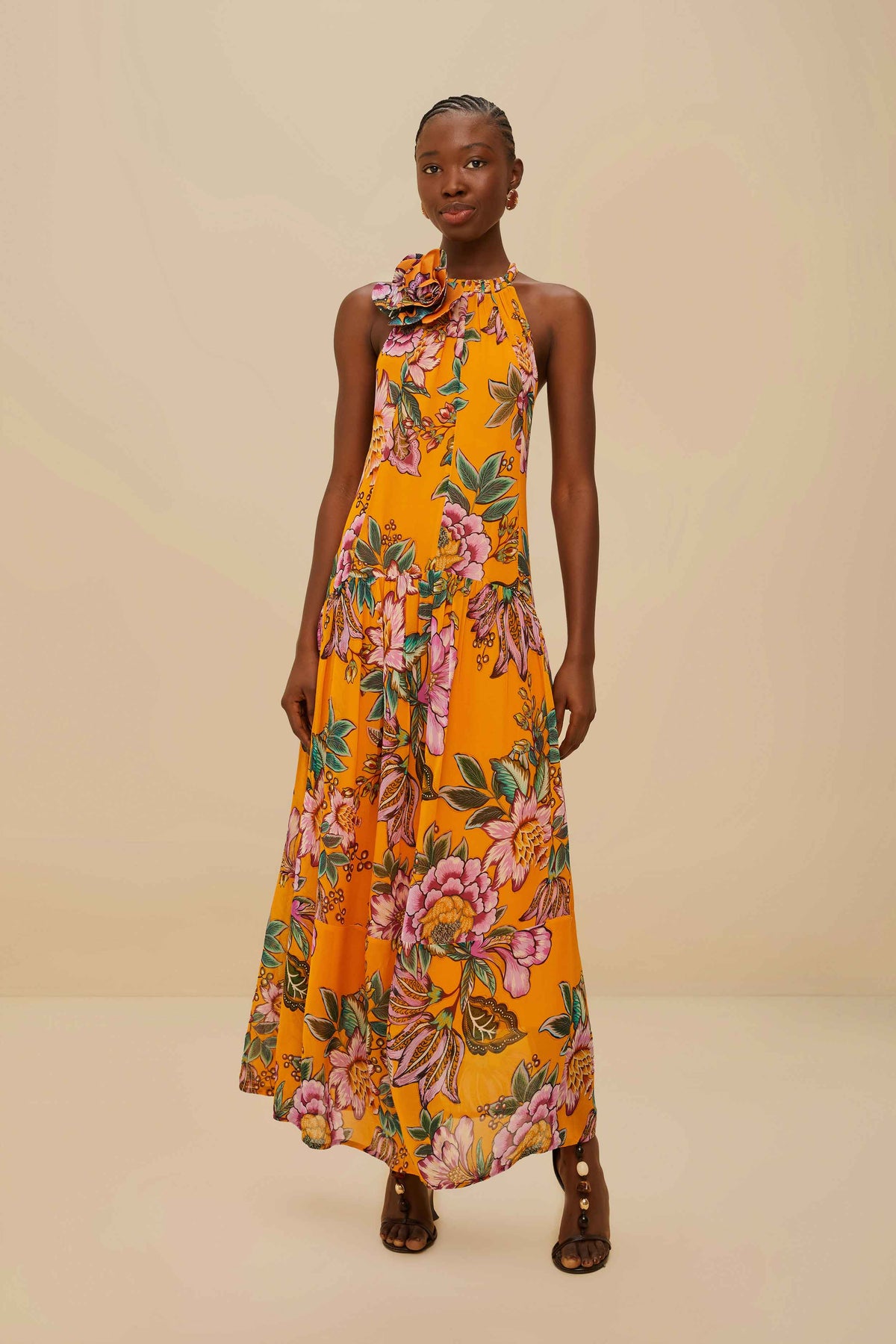 Orange Wonderful Bouquet Maxi Dress