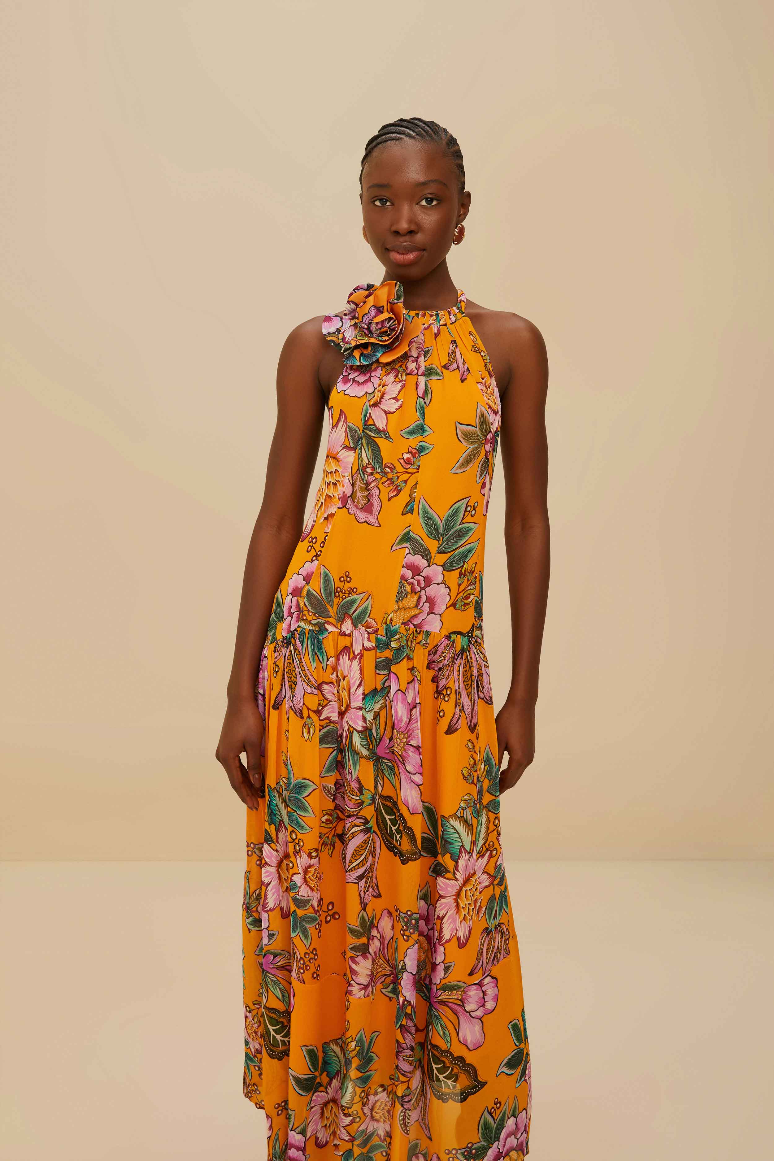 Orange Wonderful Bouquet Maxi Dress