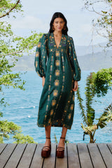 Green Pineapple Embroidered Euroflax™ Premium Linen Tunic Maxi Dress