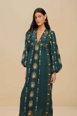 Green Pineapple Embroidered Euroflax™ Premium Linen Tunic Maxi Dress
