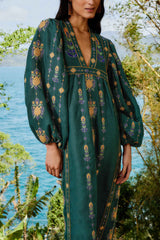 Green Pineapple Embroidered Euroflax™ Premium Linen Tunic Maxi Dress