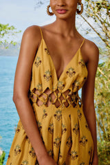 Coconut Tree Tapestry Macrame Yoke Maxi Dress