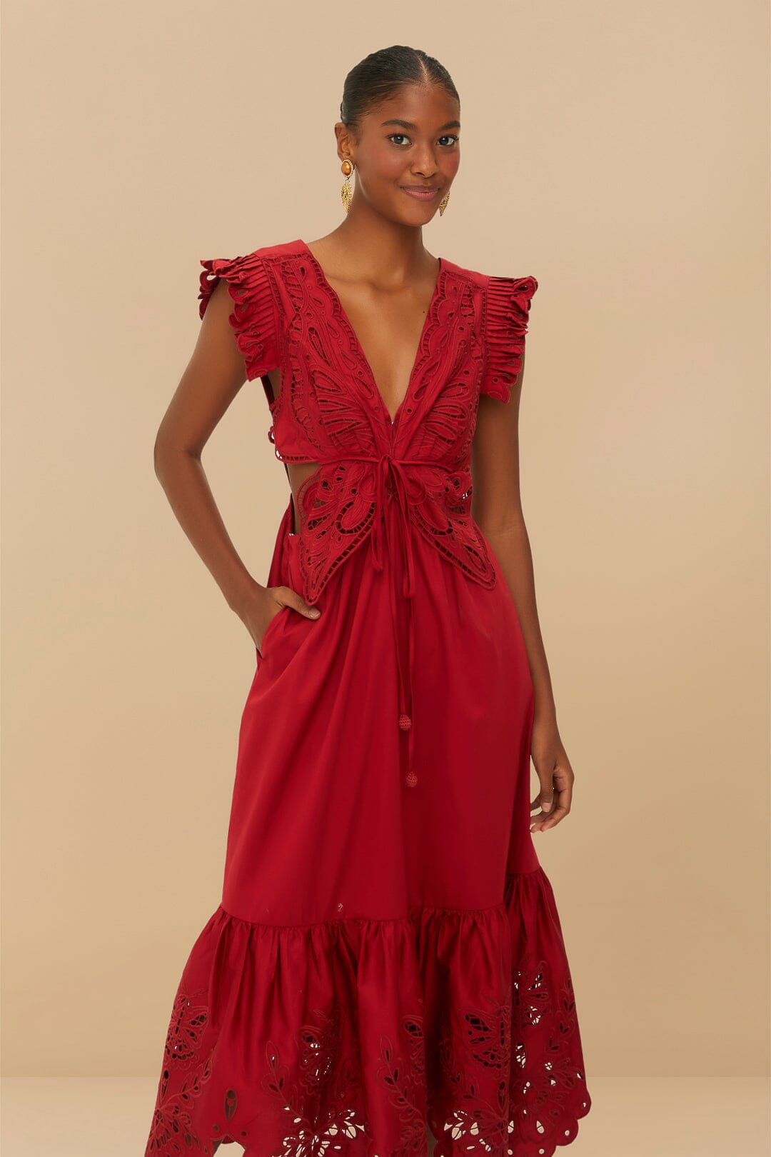 Red Butterfly Cut-Out Midi Dress