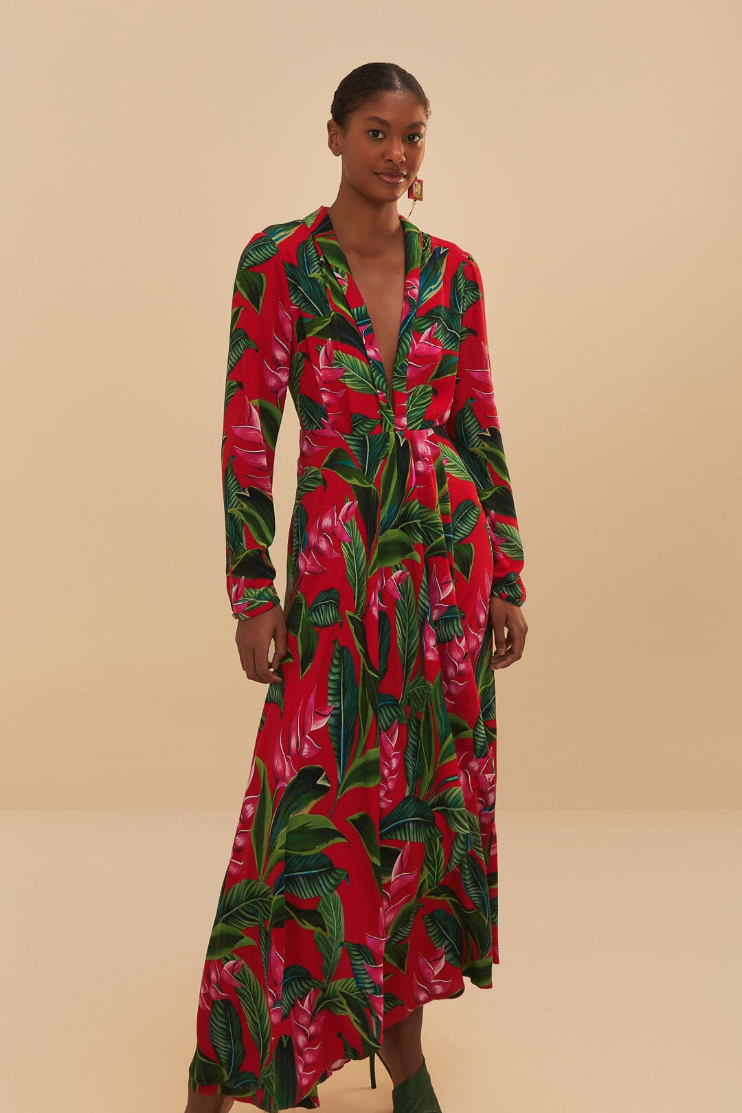 Red Dream Garden Long Sleeve Maxi Dress