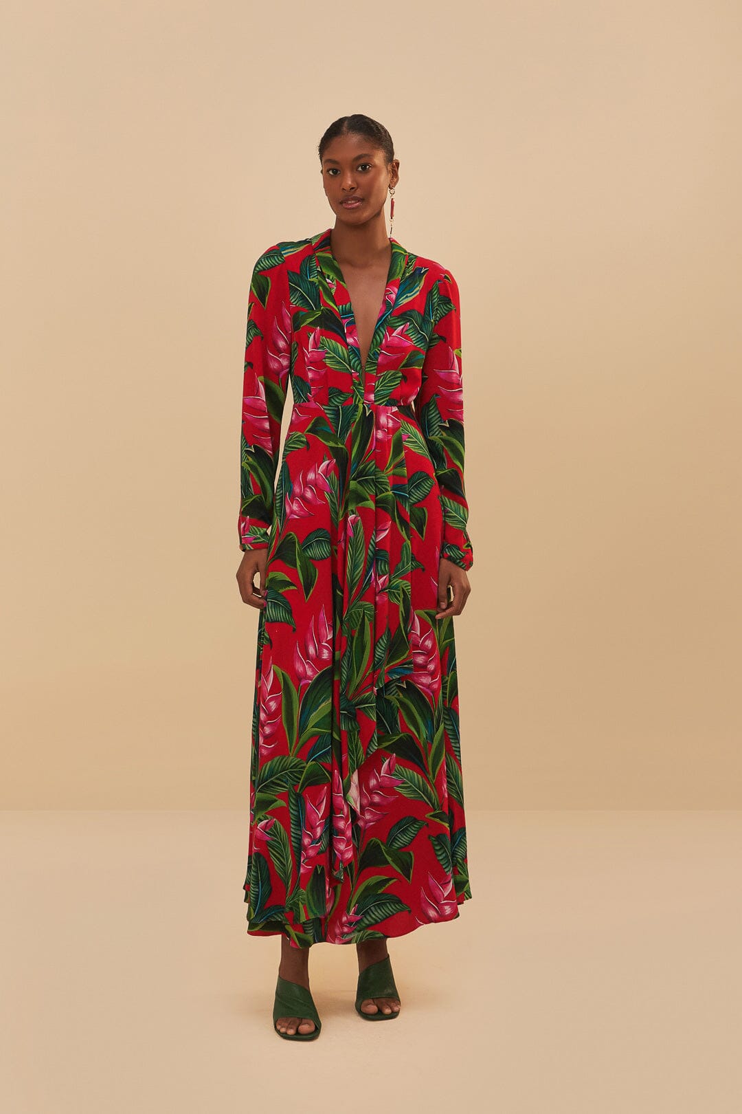 Red Dream Garden Long Sleeve Maxi Dress