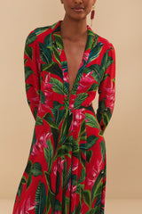 Red Dream Garden Long Sleeve Maxi Dress