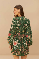Green Pineapple Garden Long Sleeve Mini Dress
