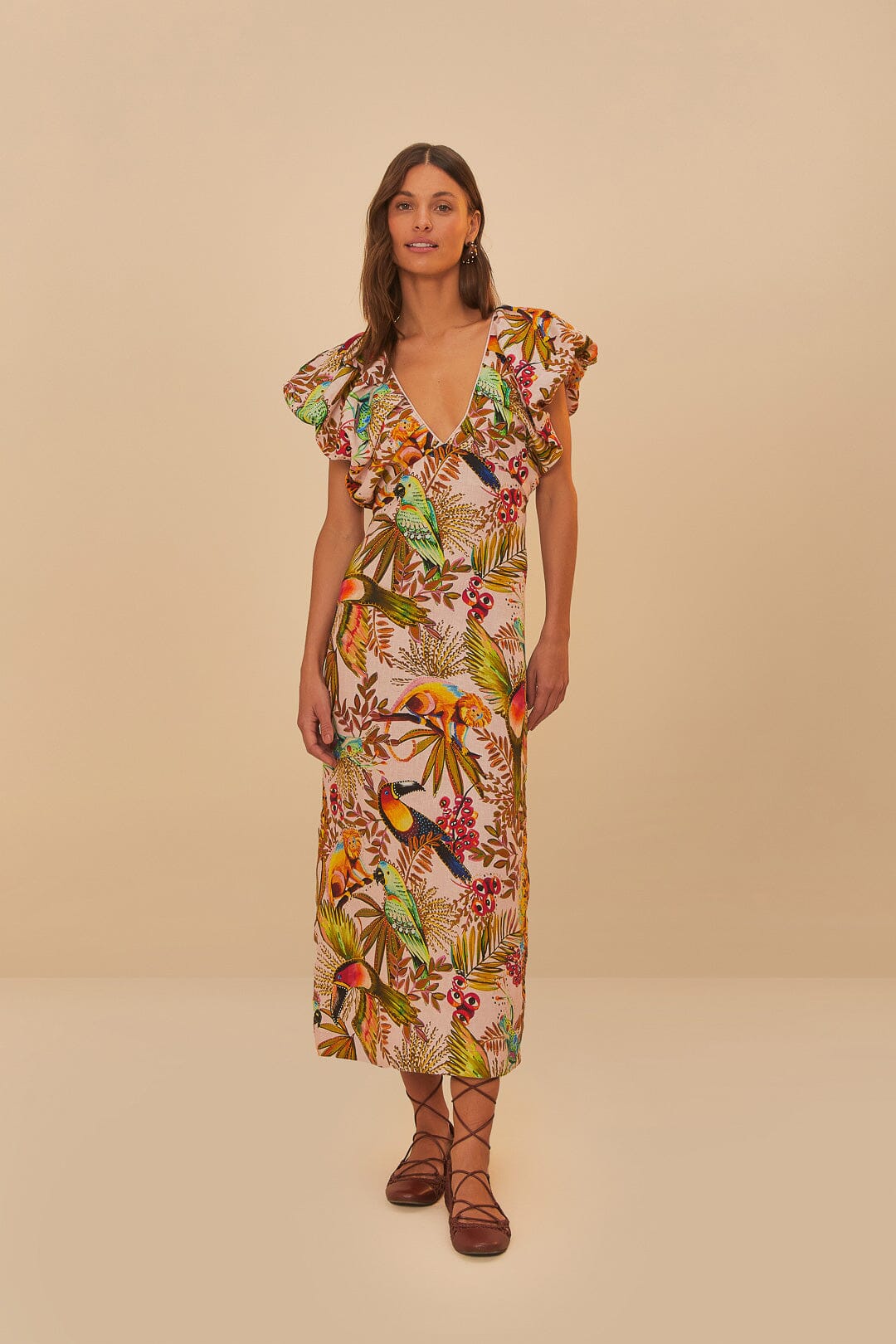 Pink Into The Jungle Euroflax™ Premium Linen Midi Dress