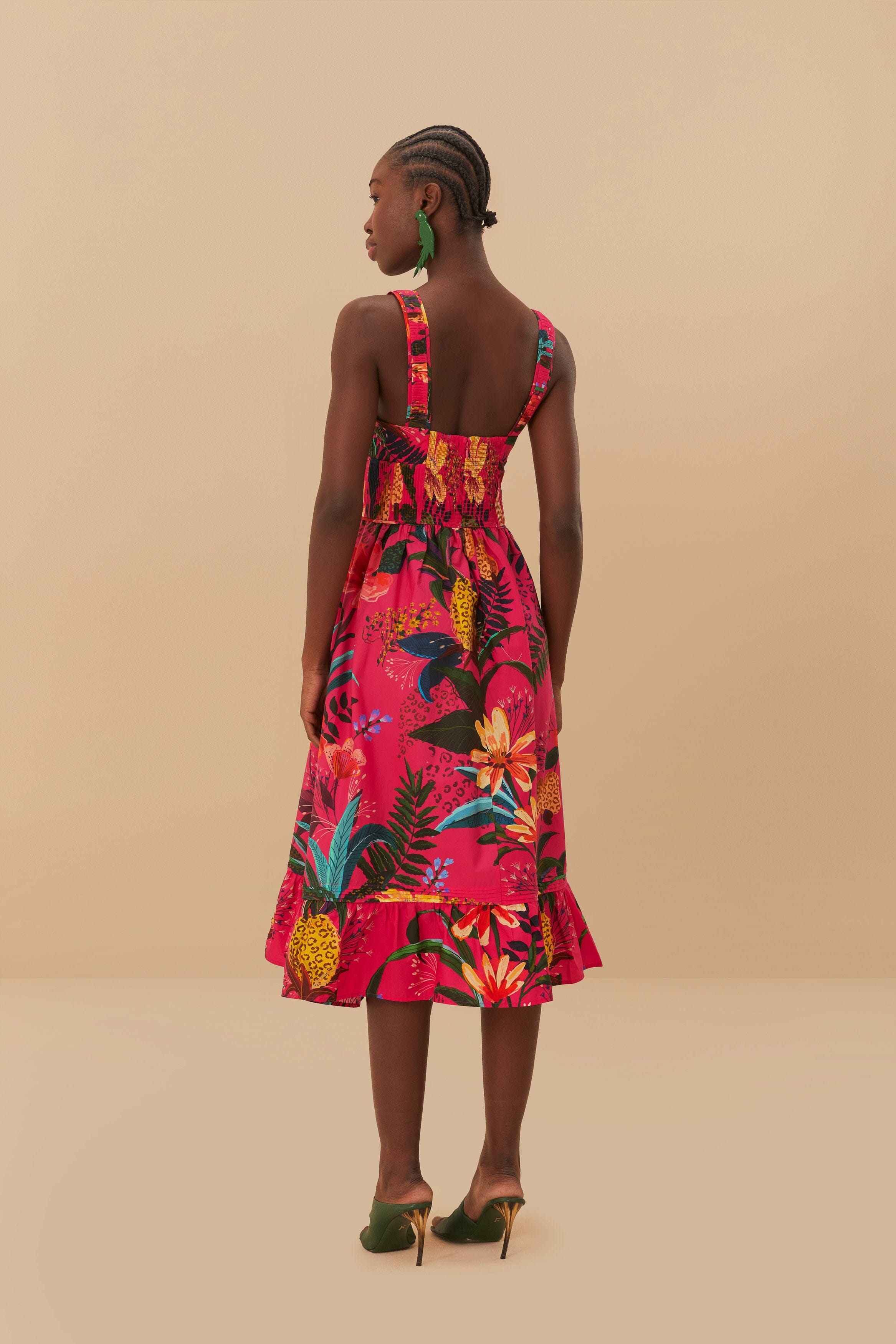 Pink Leopard Flowers Organic Cotton Midi Dress