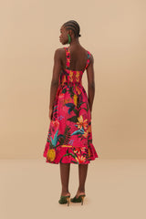 Pink Leopard Flowers Organic Cotton Midi Dress