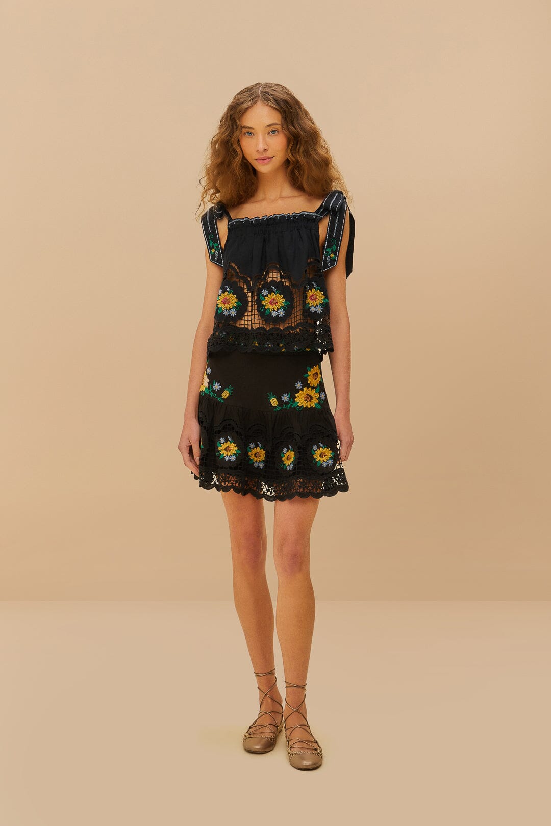 Black Cross Stitch Sunflower Richelieu LENZING™ ECOVERO™ Euroflax™ Mini Skirt