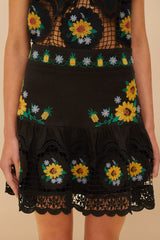 Black Cross Stitch Sunflower Richelieu LENZING™ ECOVERO™ Euroflax™ Mini Skirt