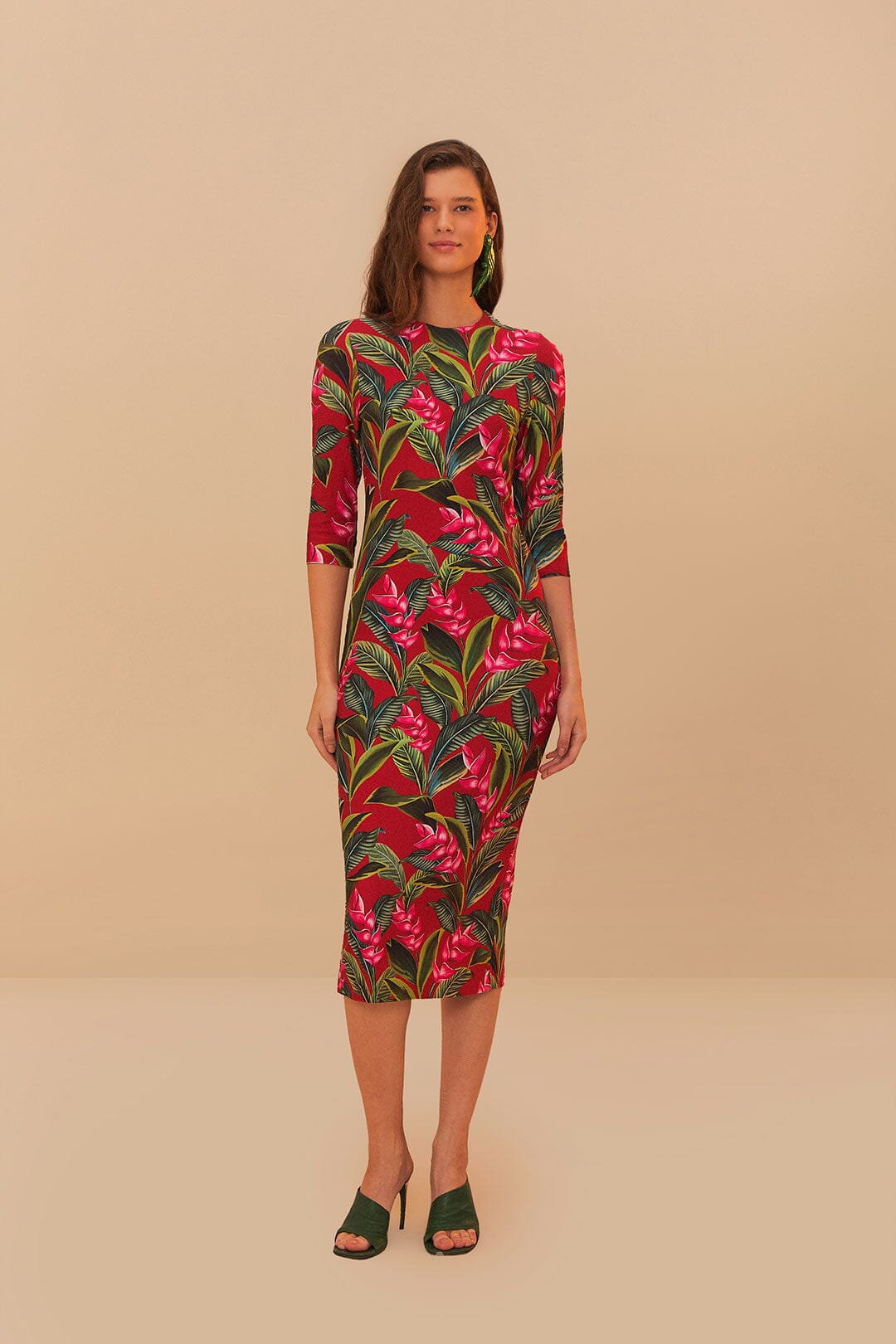 Red Dream Garden Jersey Midi Dress