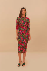 Red Dream Garden Jersey Midi Dress