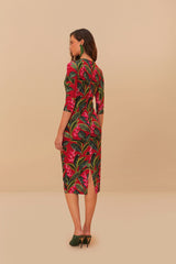 Red Dream Garden Jersey Midi Dress