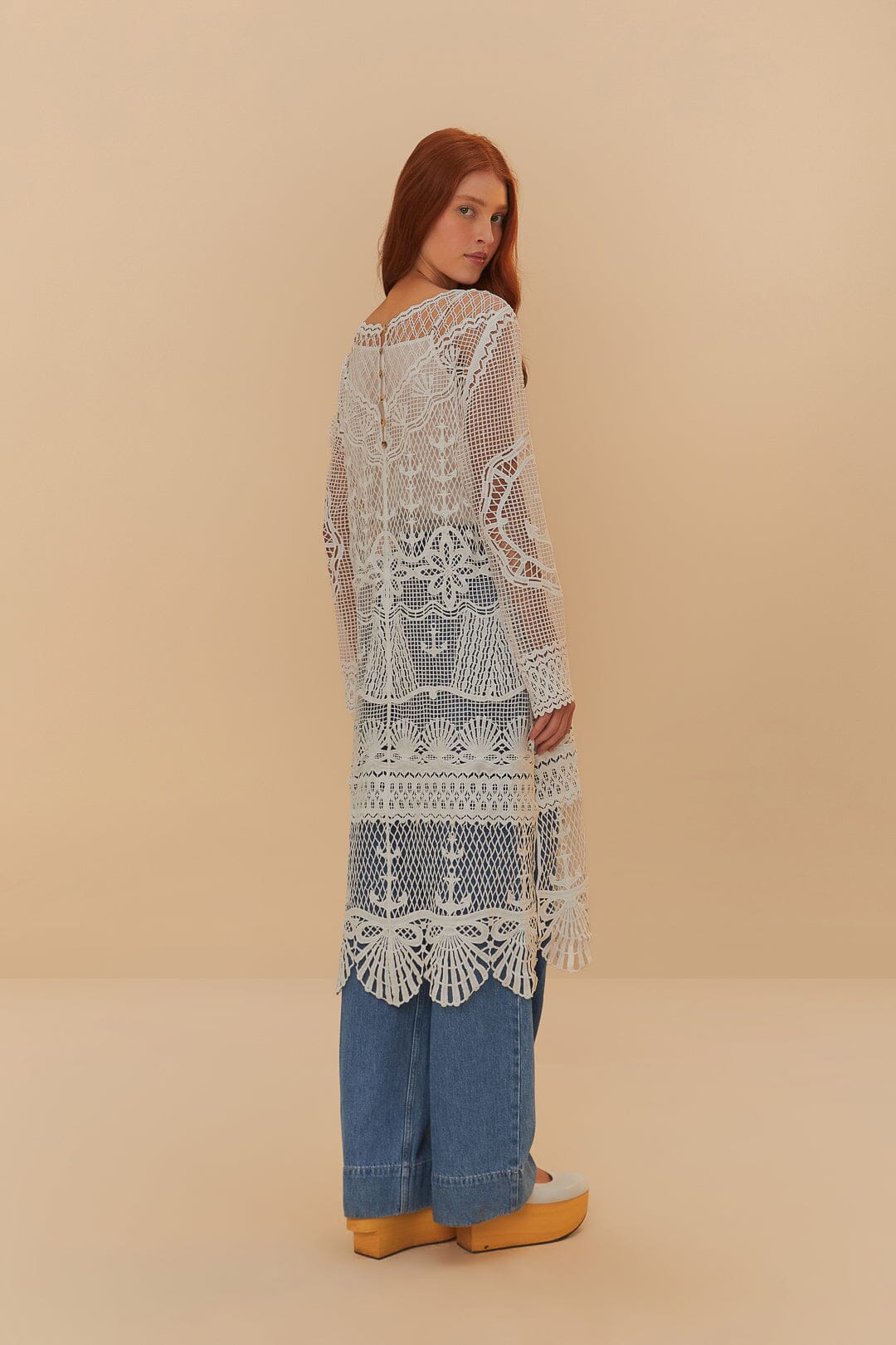 Off-White Nautical Guipure Long Sleeve Midi Dress