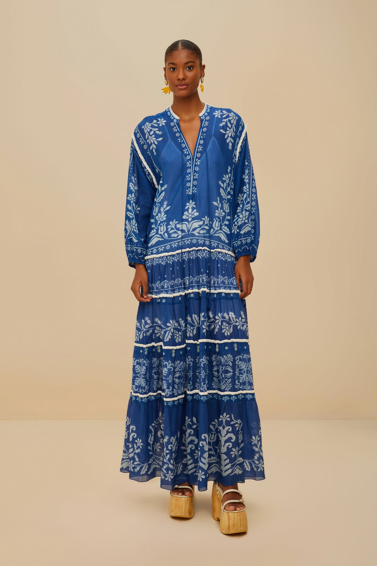 Blue Tropical Cross Stitch Tiered Maxi Dress