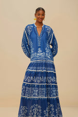 Blue Tropical Cross Stitch Tiered Maxi Dress