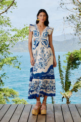 Off-White Porcelain Garden Butterlfy LENZING™ ECOVERO™ Euroflax™ Midi Dress