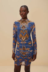 Blue Ornament Floral Tulle Mini Dress