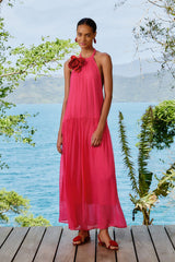 Pink Flower Halter Neck Maxi Dress